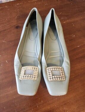 Napoleoni- Crystal Buckle Pale Blue Leather Women's Flats- Size 41